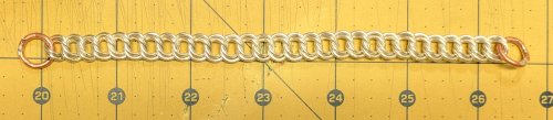 Judy Larson's Double Link Chain - , Chain Maille Jewelry, Making Chain, Chain Making , Butane Torch, Soldering, Solder, Chain Maille, chain mail, chainmaille, chainmail, , Place chain across two bench blocks